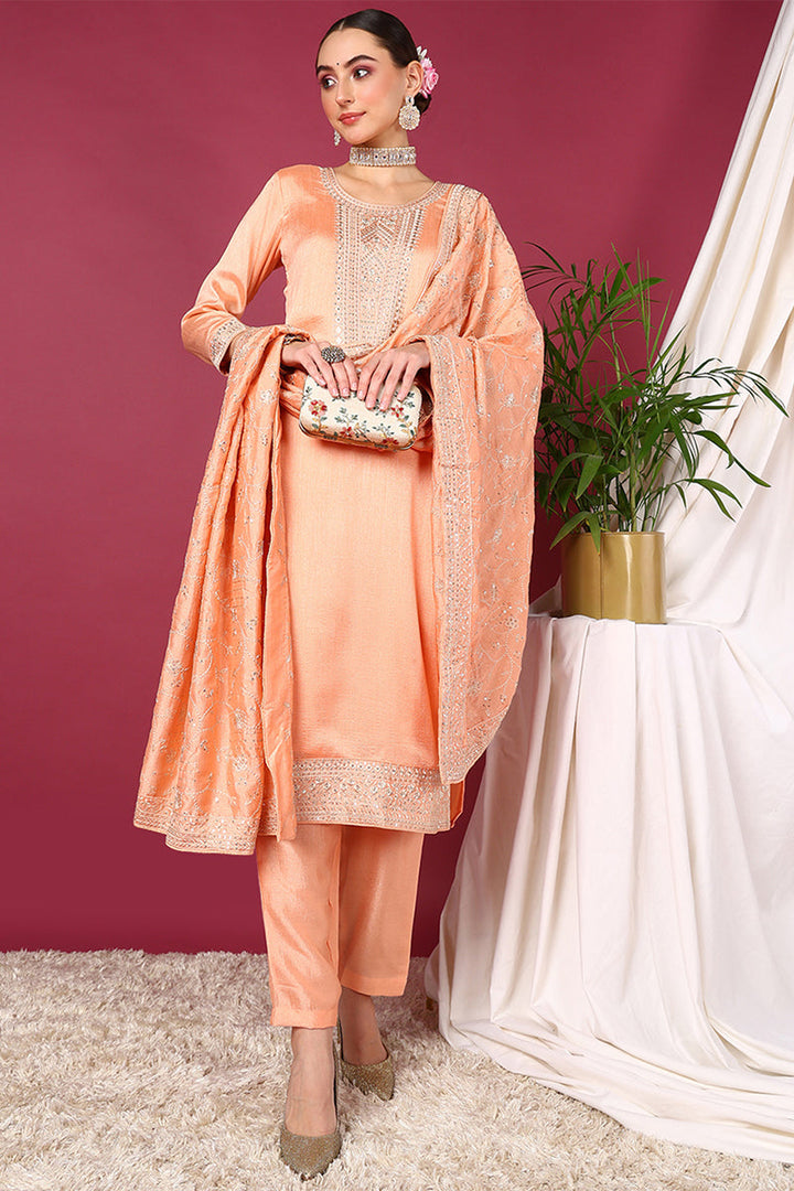 Peach Silk Blend Straight Kurta Pant With Dupatta | SHOBITAM