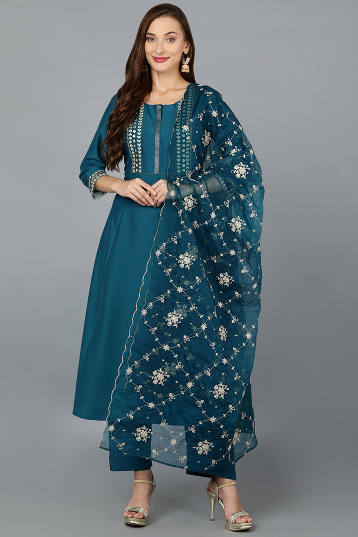 Turquoise Blue Silk Blend Straight Kurta Pant With Dupatta | SHOBITAM