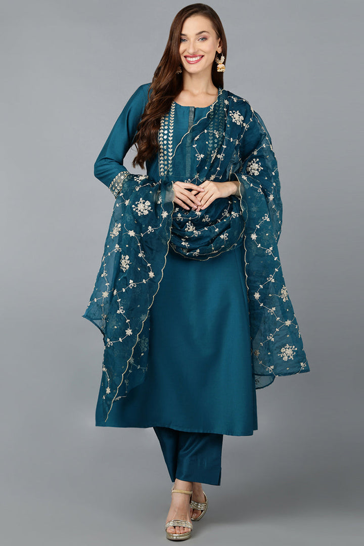 Turquoise Blue Silk Blend Straight Kurta Pant With Dupatta | SHOBITAM