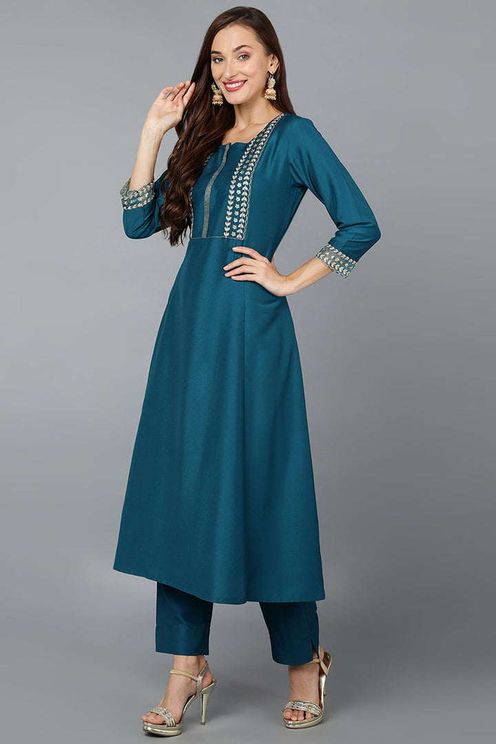 Turquoise Blue Silk Blend Straight Kurta Pant With Dupatta | SHOBITAM