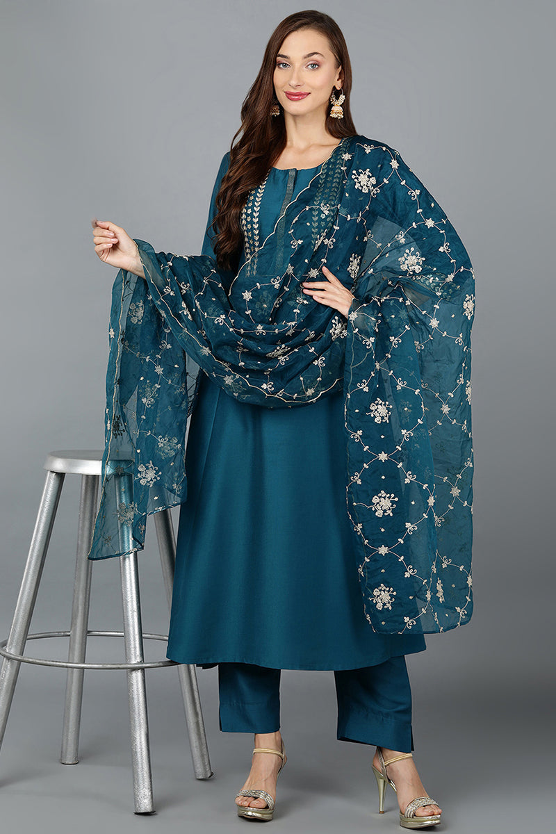 Turquoise Blue Silk Blend Straight Kurta Pant With Dupatta | SHOBITAM