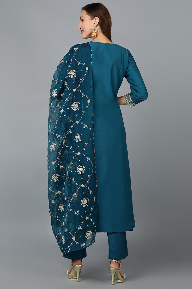 Turquoise Blue Silk Blend Straight Kurta Pant With Dupatta | SHOBITAM