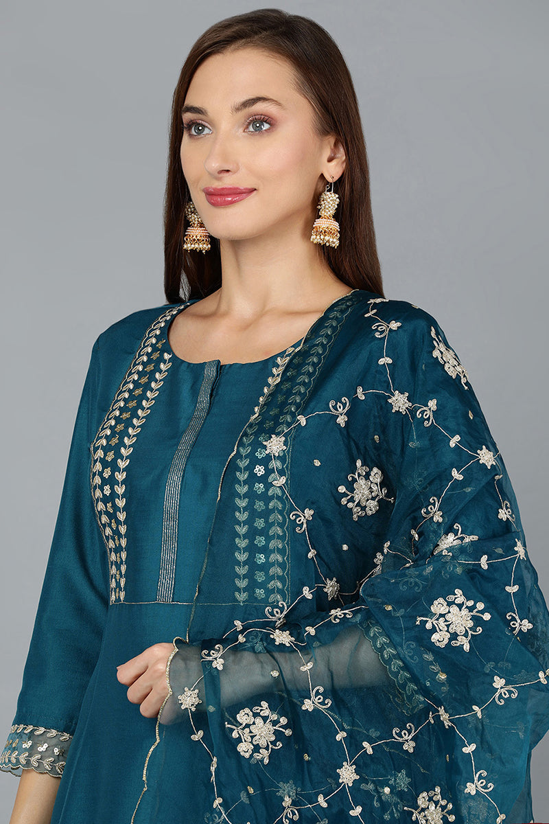 Turquoise Blue Silk Blend Straight Kurta Pant With Dupatta | SHOBITAM
