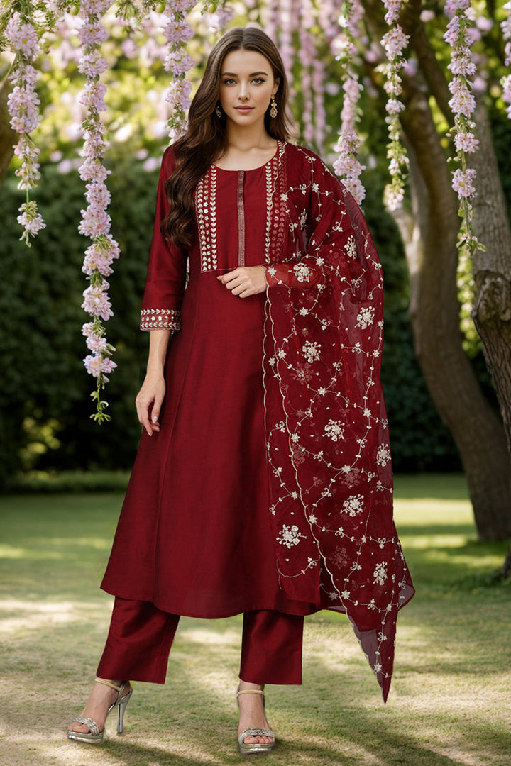 Maroon Silk Blend Straight Kurta Pant With Dupatta | SHOBITAM