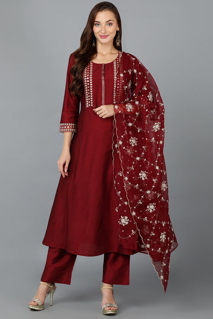 Maroon Silk Blend Straight Kurta Pant With Dupatta | SHOBITAM