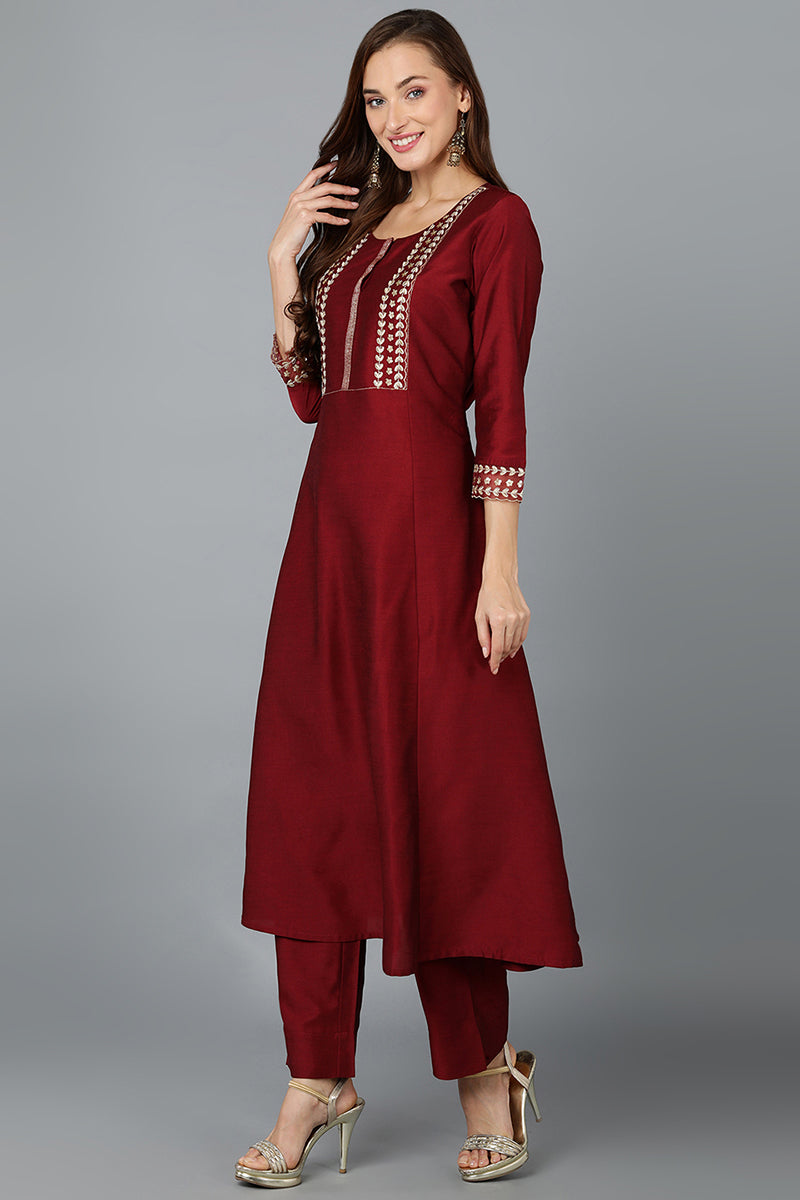 Maroon Silk Blend Straight Kurta Pant With Dupatta | SHOBITAM