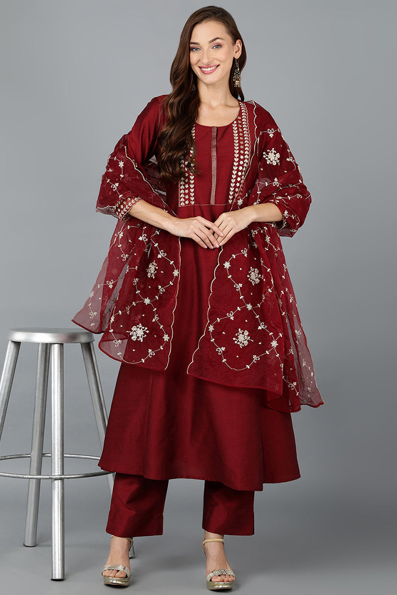 Maroon Silk Blend Straight Kurta Pant With Dupatta | SHOBITAM