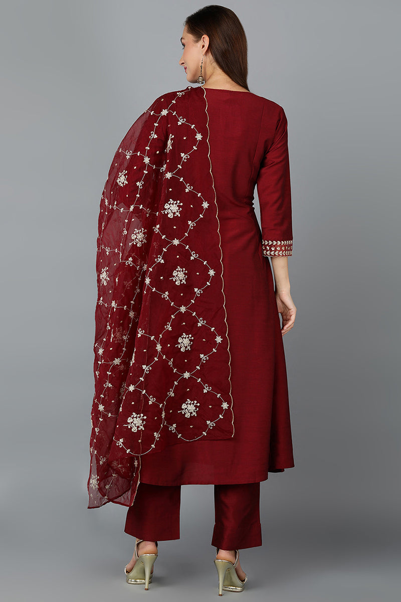 Maroon Silk Blend Straight Kurta Pant With Dupatta | SHOBITAM