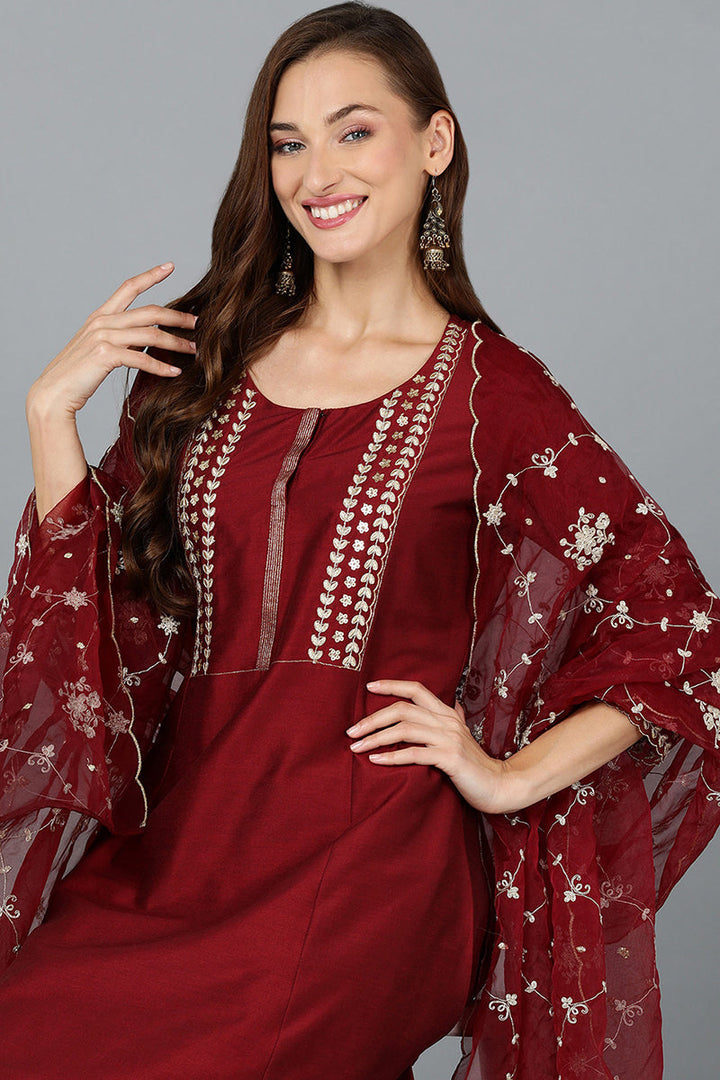 Maroon Silk Blend Straight Kurta Pant With Dupatta | SHOBITAM