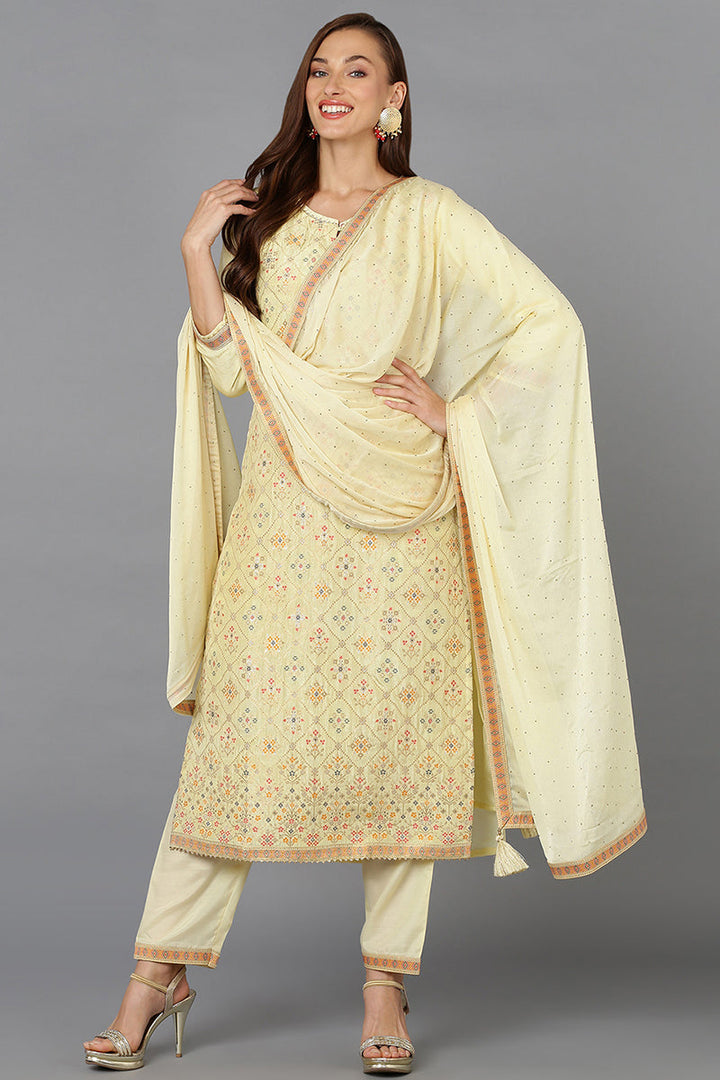 Yellow Silk Blend Ethnic Motifs Straight Suit Set | SHOBITAM