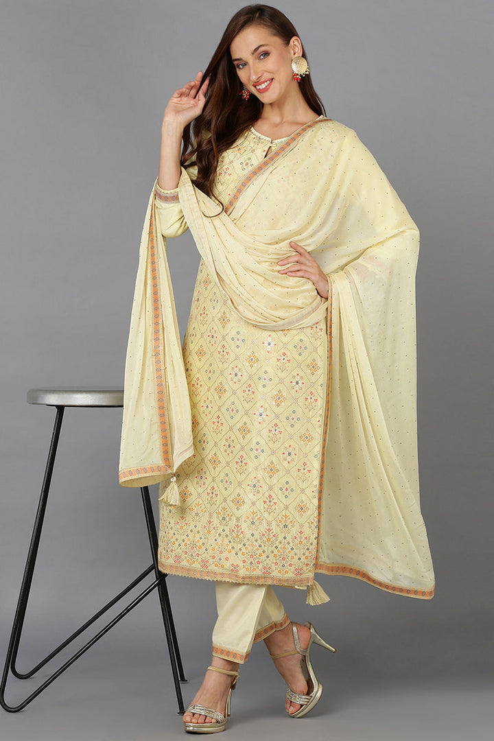 Yellow Silk Blend Ethnic Motifs Straight Suit Set | SHOBITAM