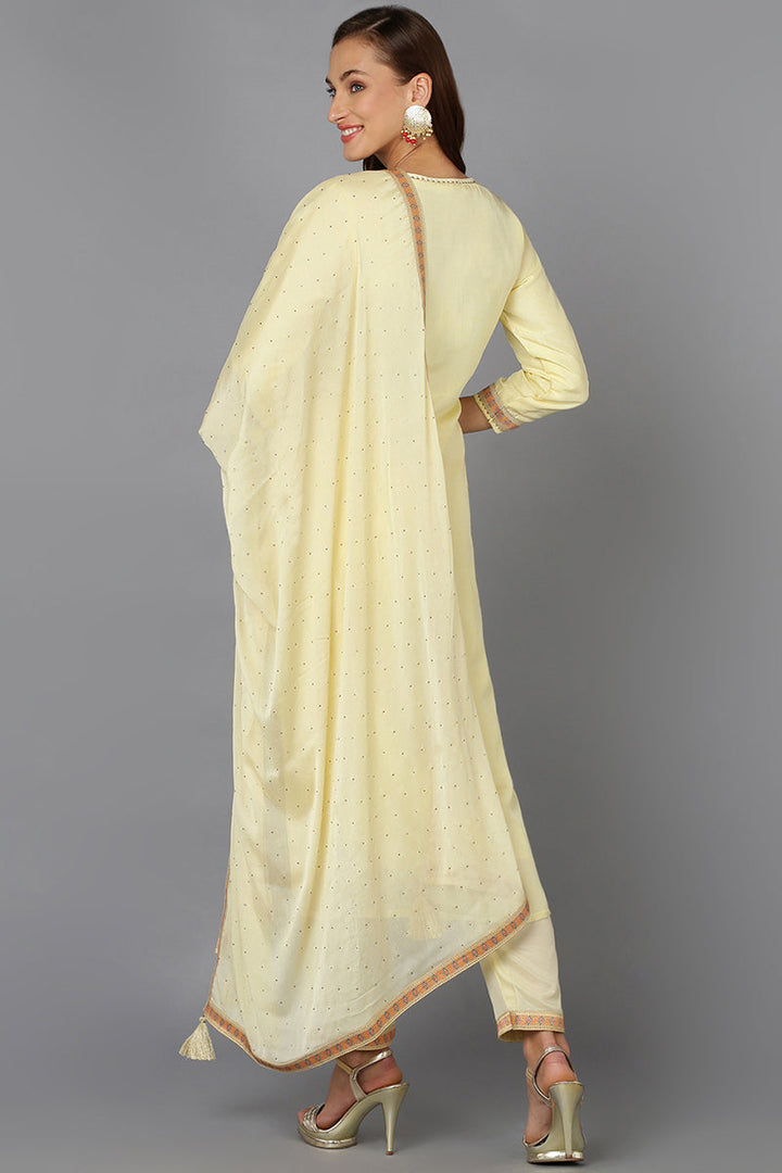 Yellow Silk Blend Ethnic Motifs Straight Suit Set | SHOBITAM