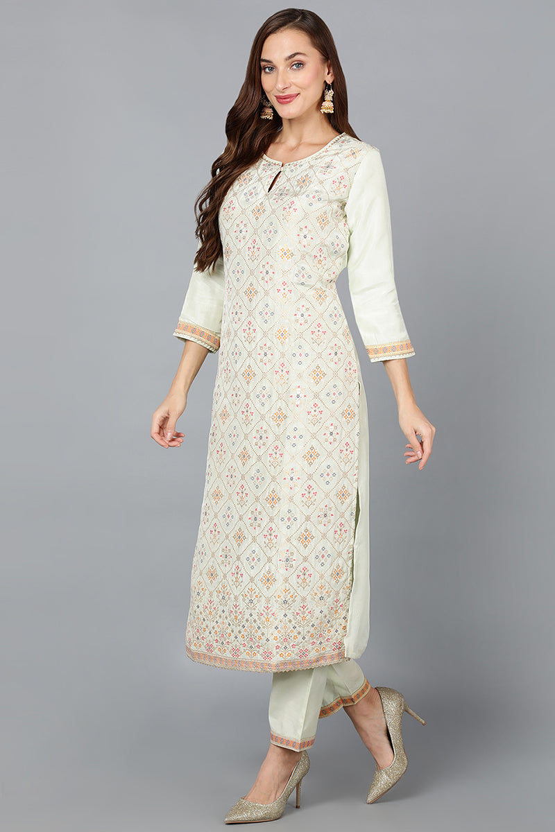 Green Silk Blend Straight Woven Design Kurta Pant With Dupatta | SHOBITAM