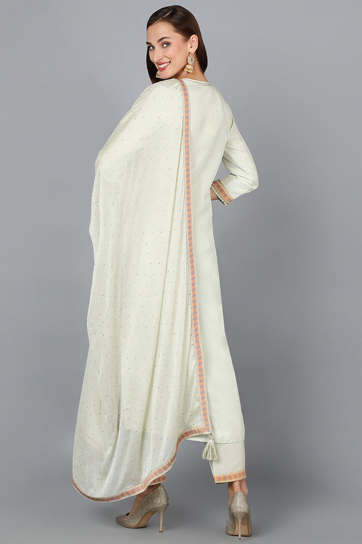 Green Silk Blend Straight Woven Design Kurta Pant With Dupatta | SHOBITAM