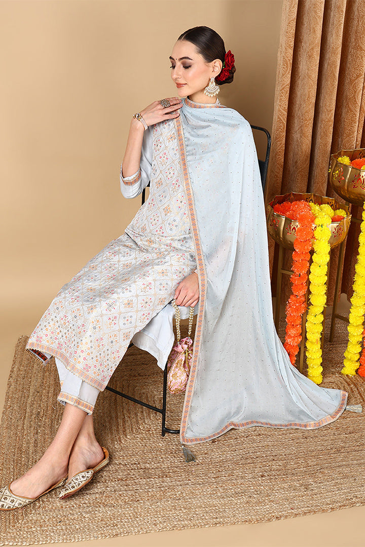 Blue Silk Blend Straight Woven Design Kurta Pant With Dupatta | SHOBITAM