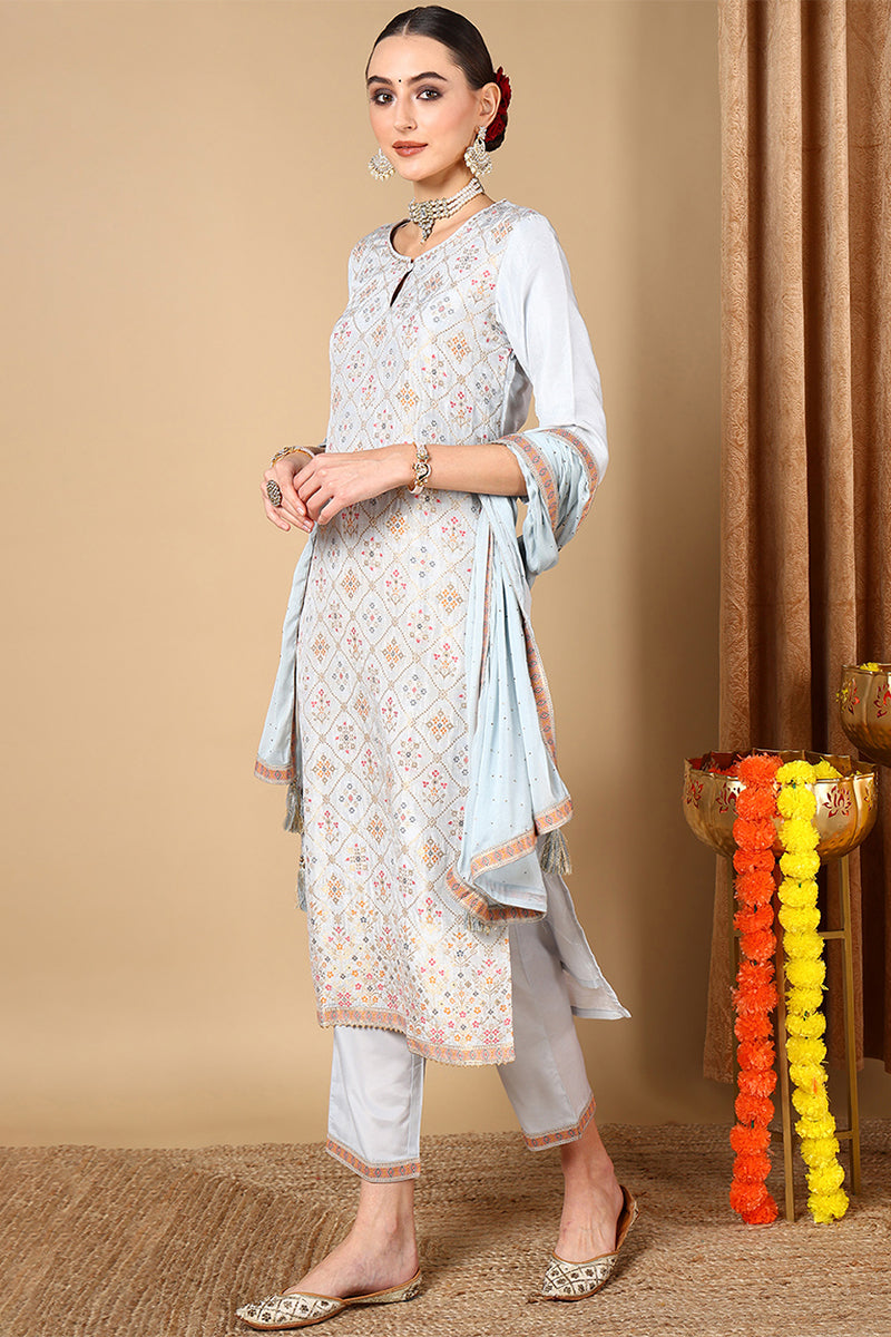 Blue Silk Blend Straight Woven Design Kurta Pant With Dupatta | SHOBITAM
