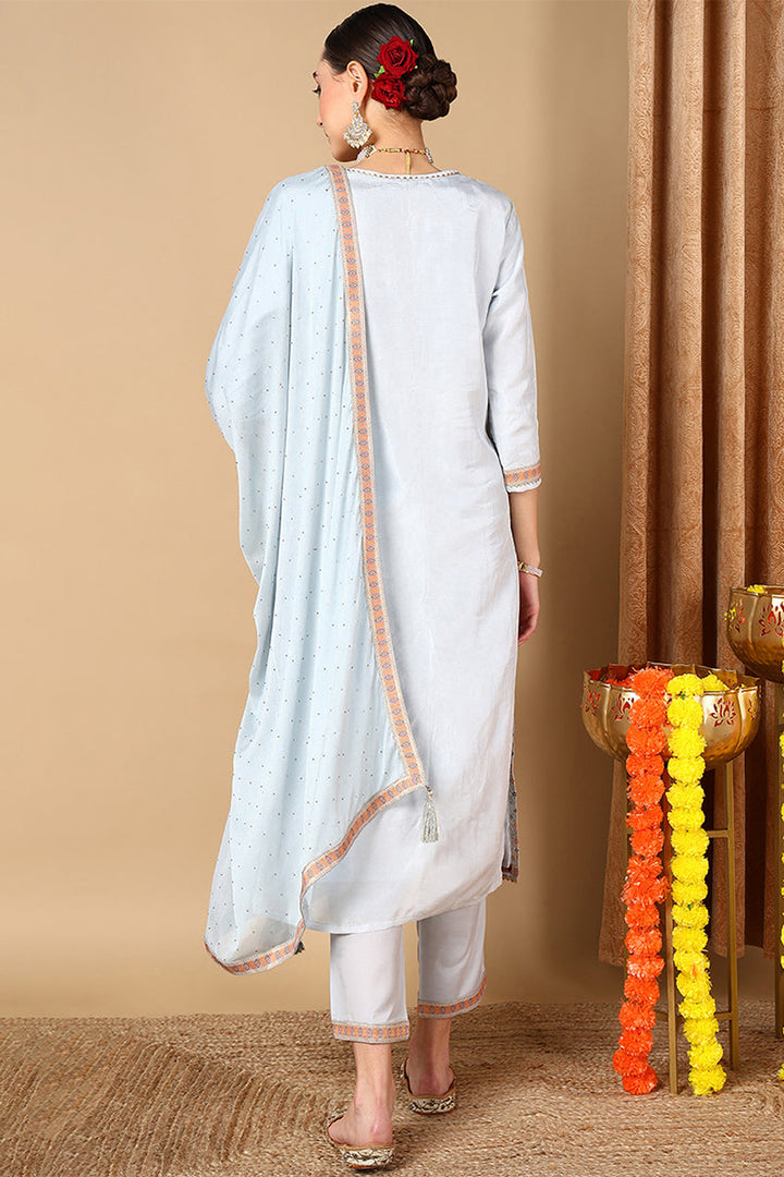 Blue Silk Blend Straight Woven Design Kurta Pant With Dupatta | SHOBITAM