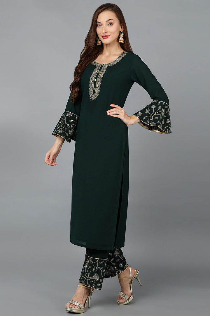 Green Poly Georgette Straight Kurta Palazzo With Dupatta | SHOBITAM