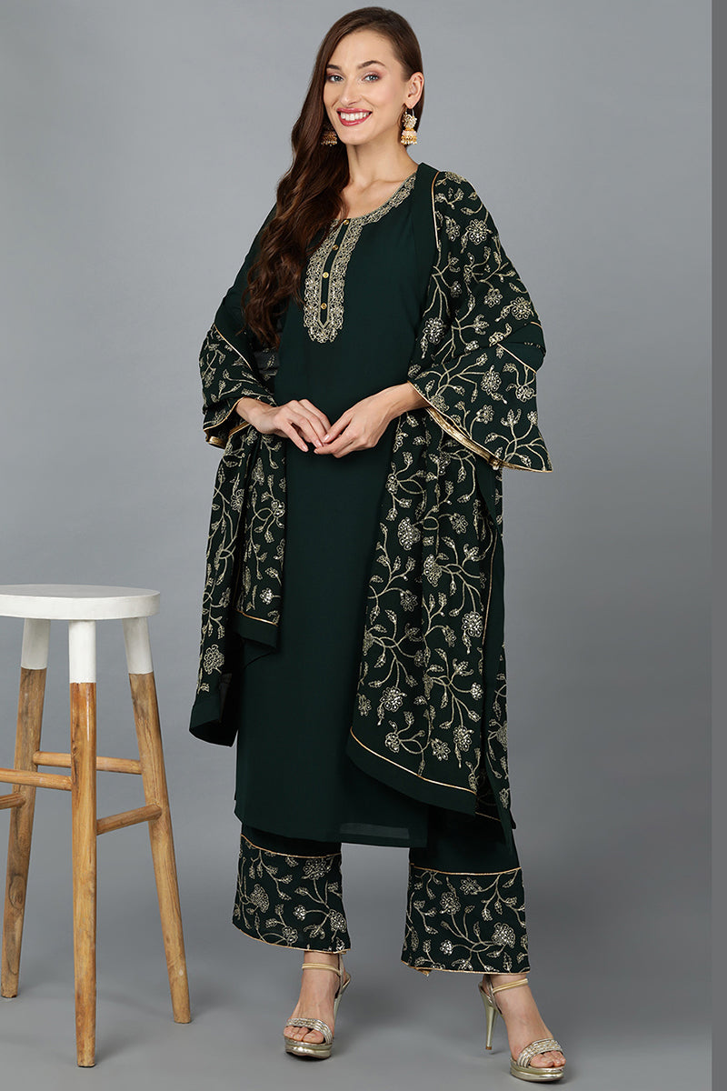 Green Poly Georgette Straight Kurta Palazzo With Dupatta | SHOBITAM