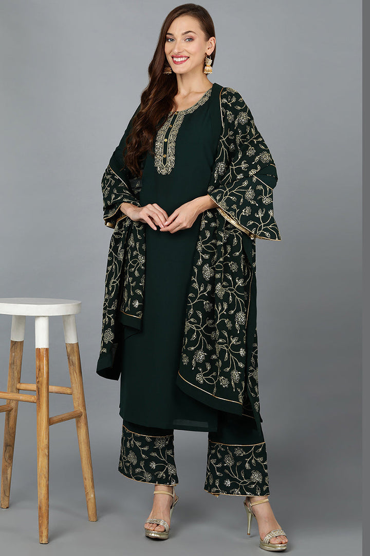 Green Poly Georgette Straight Kurta Palazzo With Dupatta | SHOBITAM