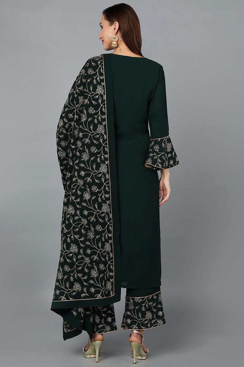 Green Poly Georgette Straight Kurta Palazzo With Dupatta | SHOBITAM