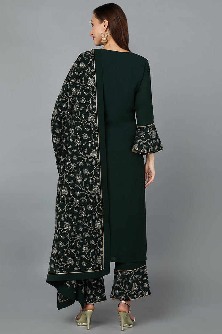 Green Poly Georgette Straight Kurta Palazzo With Dupatta | SHOBITAM