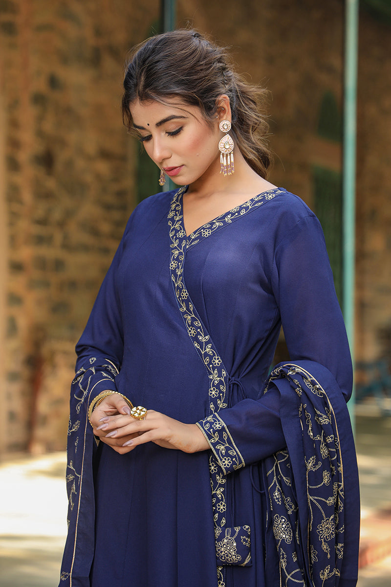 Prussian Blue Poly Georgette Angrakha Pant With Dupatta | SHOBITAM