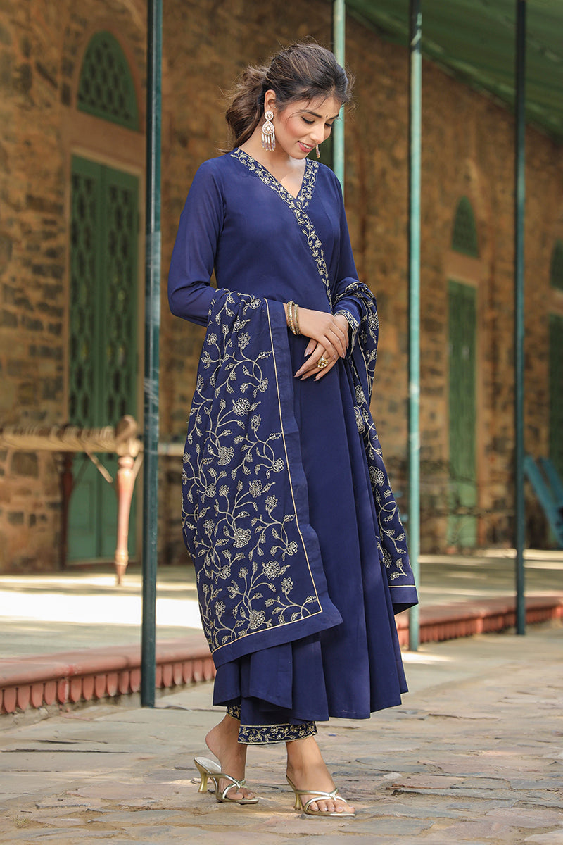 Prussian Blue Poly Georgette Angrakha Pant With Dupatta | SHOBITAM