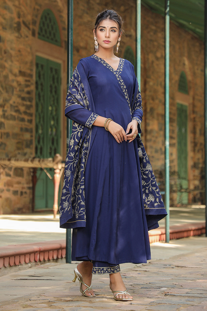 Prussian Blue Poly Georgette Angrakha Pant With Dupatta | SHOBITAM