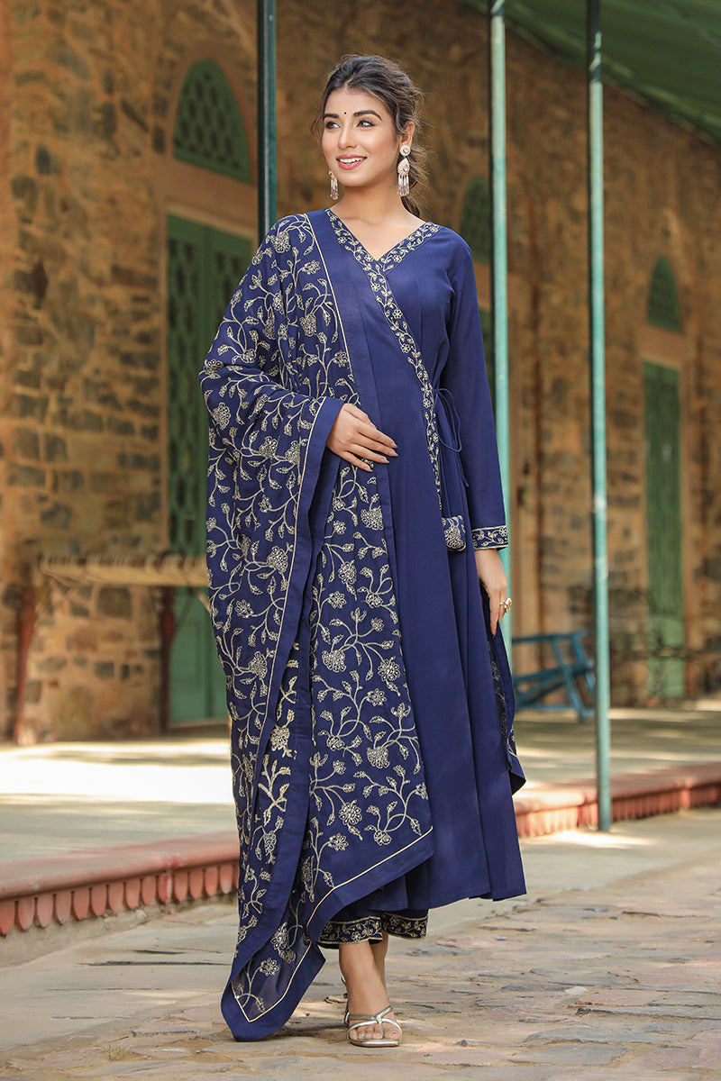 Prussian Blue Poly Georgette Angrakha Pant With Dupatta | SHOBITAM