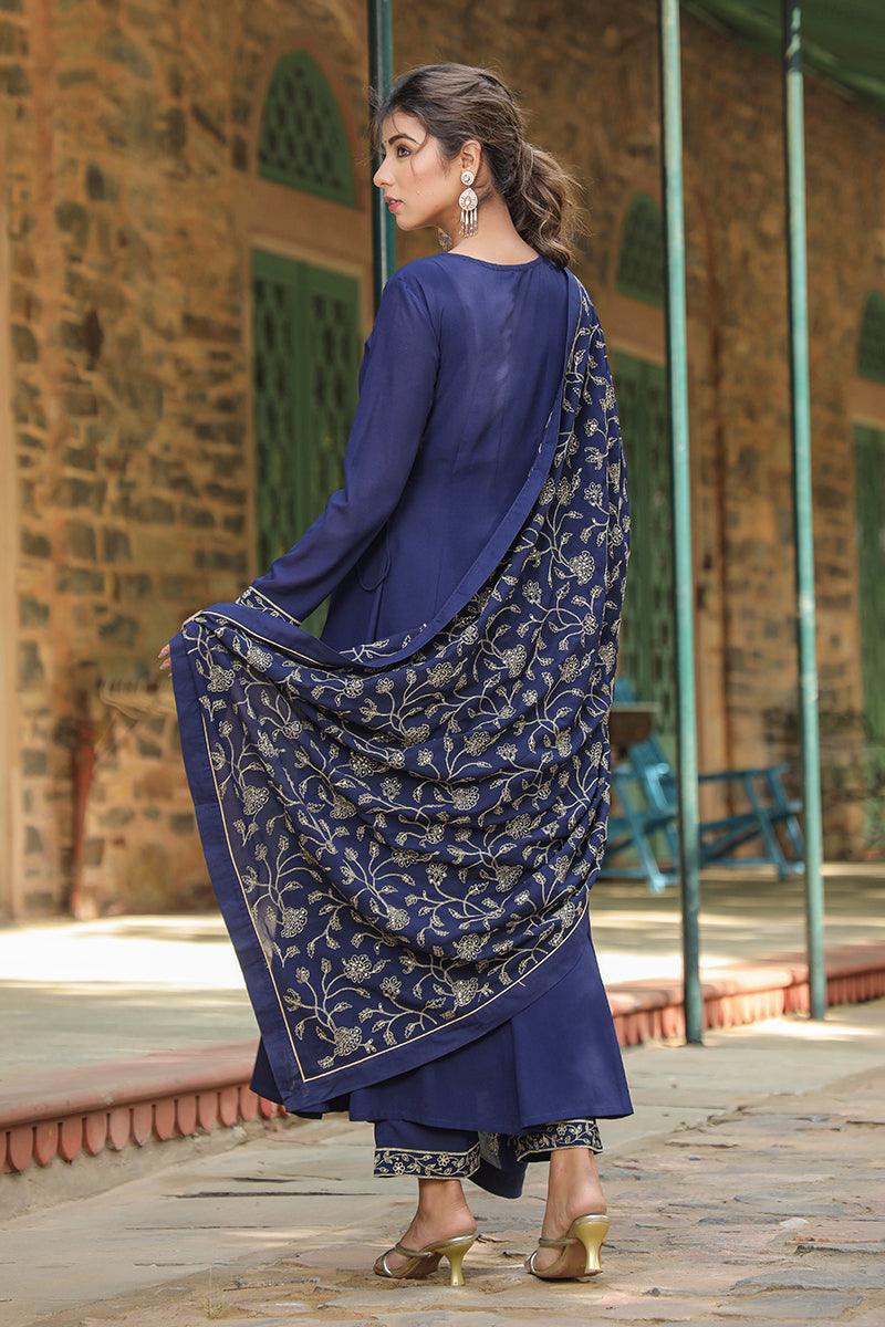 Prussian Blue Poly Georgette Angrakha Pant With Dupatta | SHOBITAM