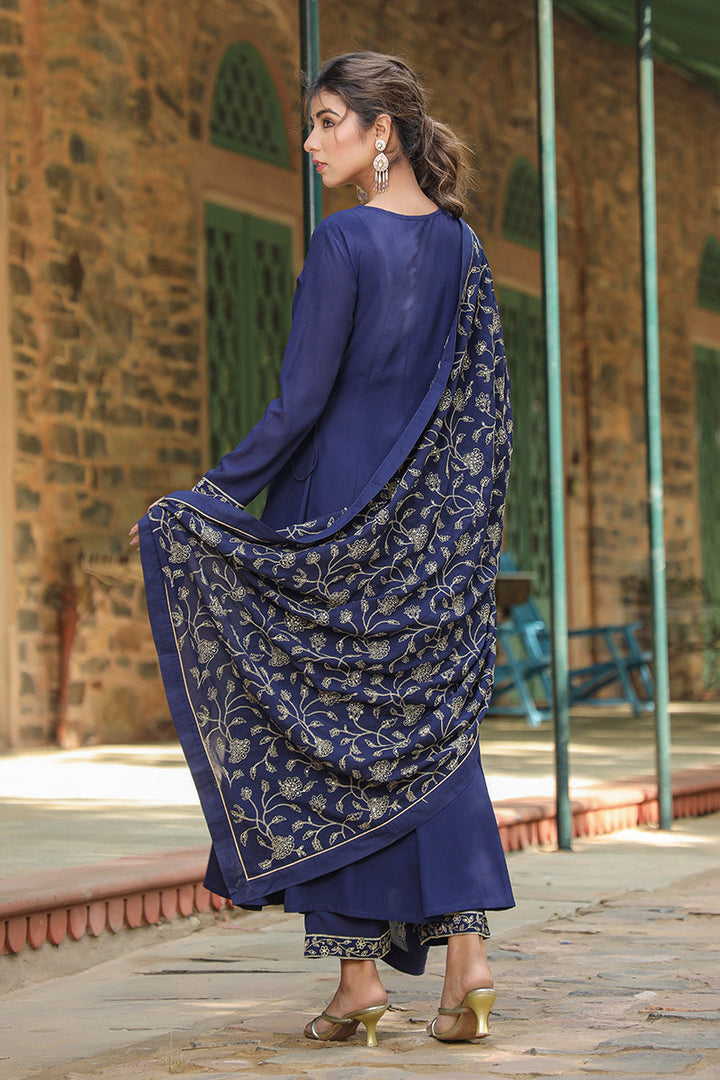 Prussian Blue Poly Georgette Angrakha Pant With Dupatta | SHOBITAM