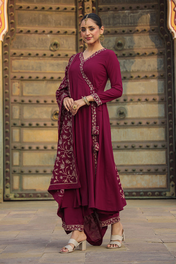 Fuschia Poly Georgette Angrakha Pant With Dupatta | SHOBITAM