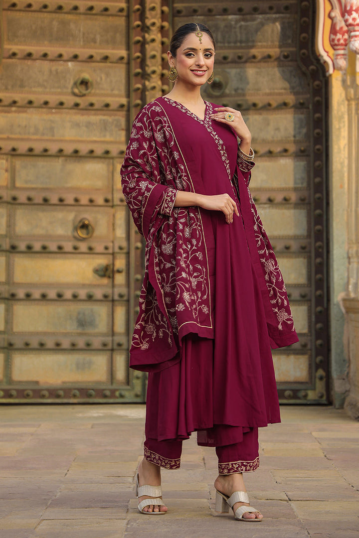 Fuschia Poly Georgette Angrakha Pant With Dupatta | SHOBITAM