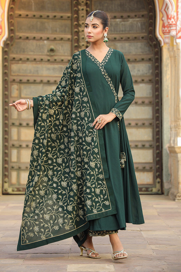 Dark Green Poly Georgette Angrakha Pant With Dupatta | SHOBITAM
