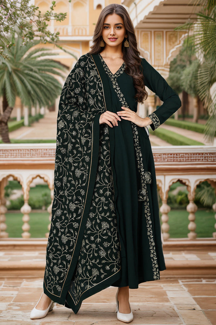 Dark Green Poly Georgette Angrakha Pant With Dupatta | SHOBITAM