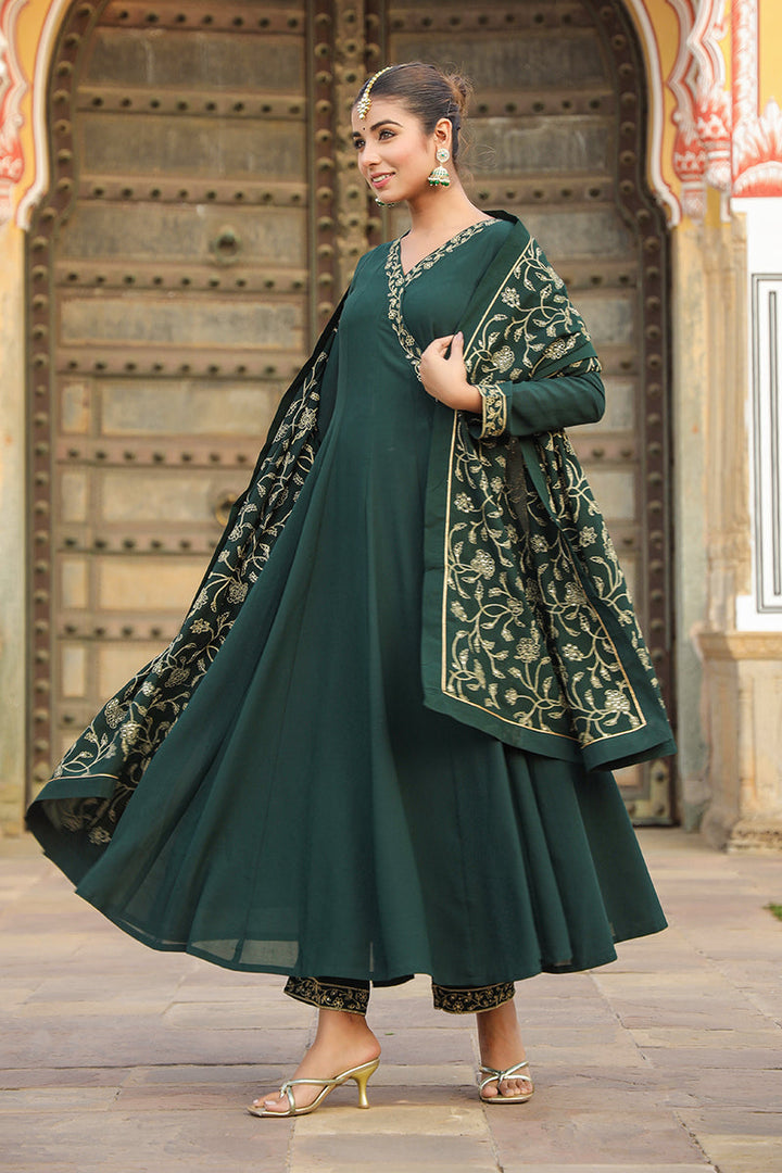 Dark Green Poly Georgette Angrakha Pant With Dupatta | SHOBITAM