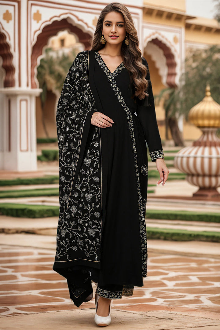 Black Poly Georgette Angrakha Pant With Dupatta | SHOBITAM