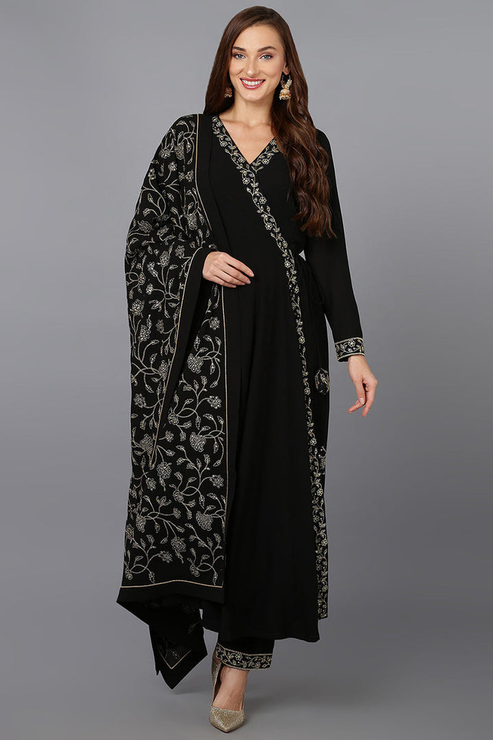 Black Poly Georgette Angrakha Pant With Dupatta | SHOBITAM