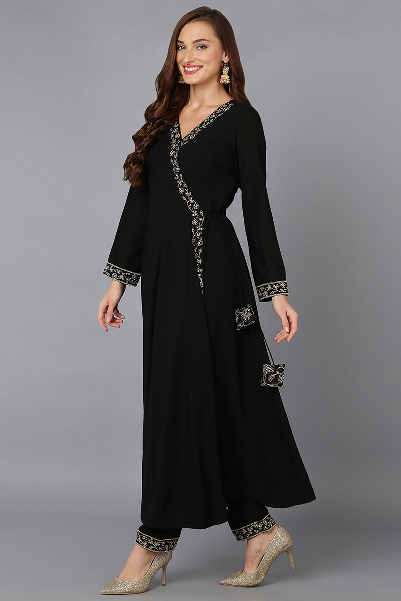 Black Poly Georgette Angrakha Pant With Dupatta | SHOBITAM