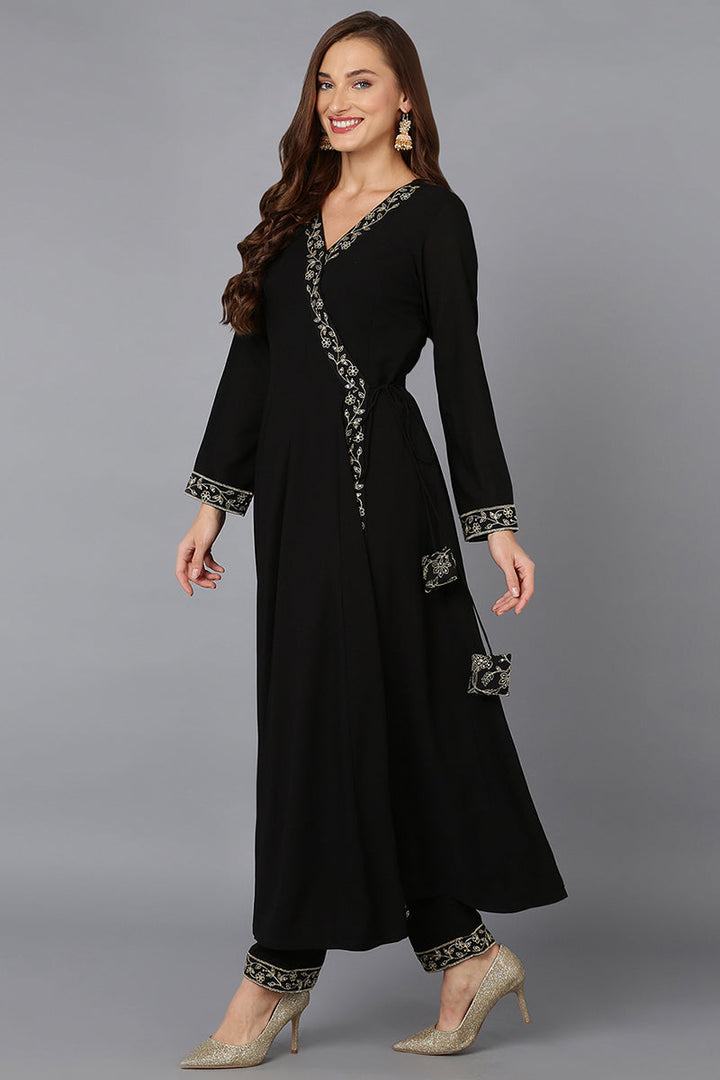 Black Poly Georgette Angrakha Pant With Dupatta | SHOBITAM