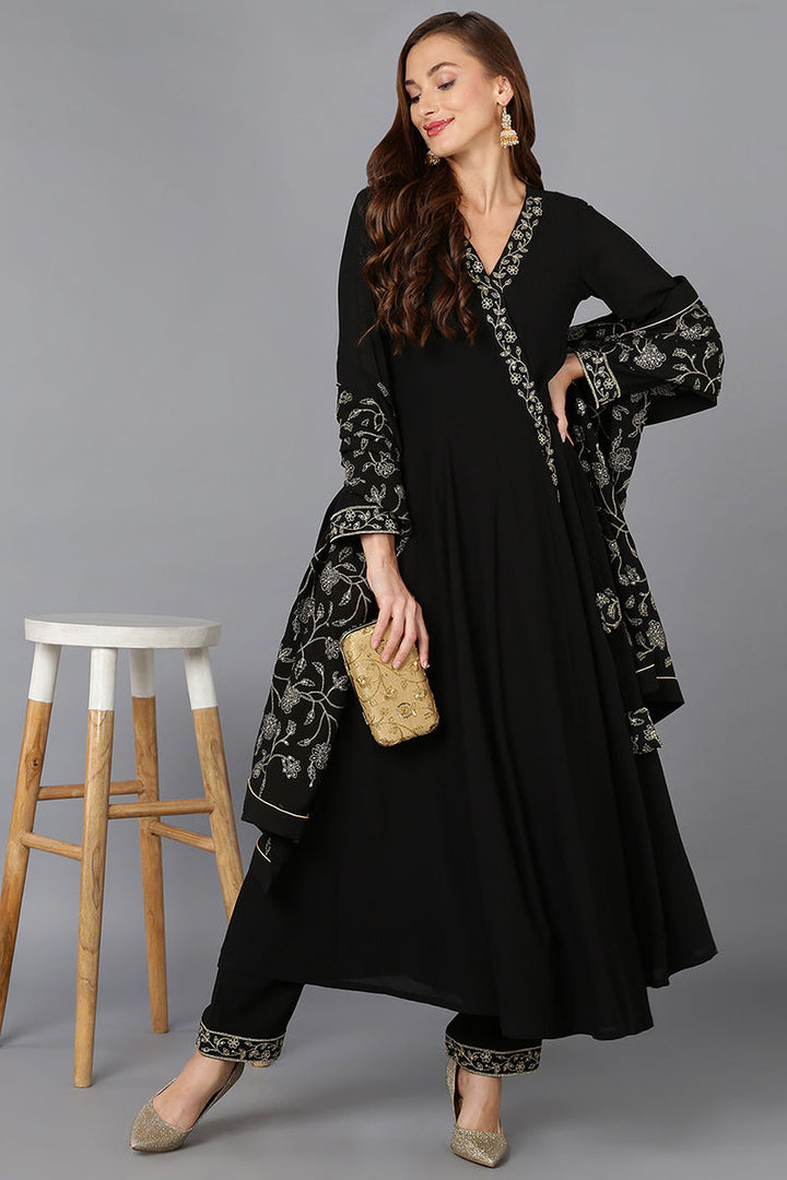 Black Poly Georgette Angrakha Pant With Dupatta | SHOBITAM