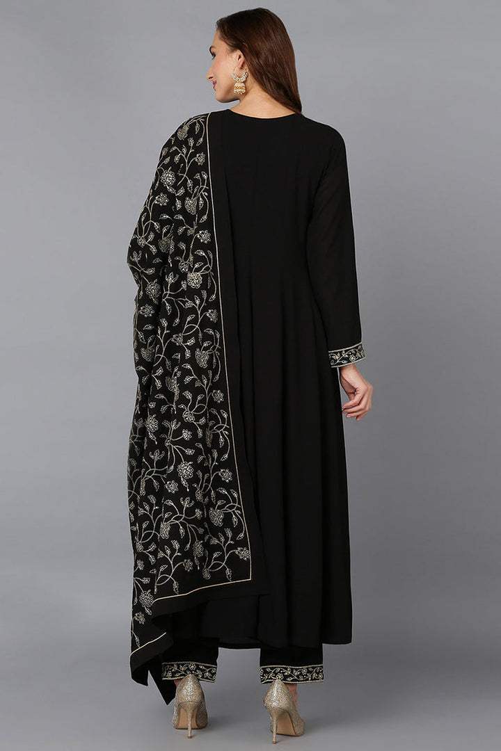 Black Poly Georgette Angrakha Pant With Dupatta | SHOBITAM