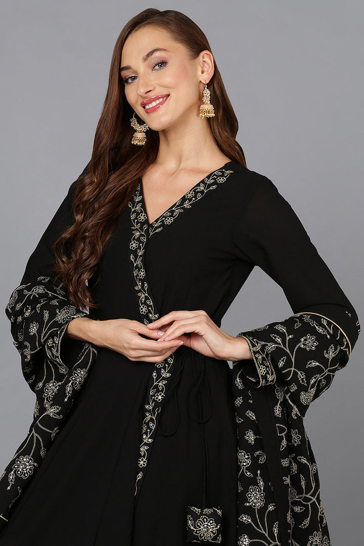 Black Poly Georgette Angrakha Pant With Dupatta | SHOBITAM