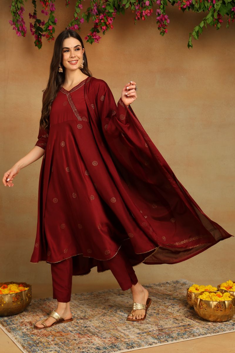 Maroon Silk Blend Anarkali Woven Design Kurta Pant With Dupatta   | SHOBITAM
