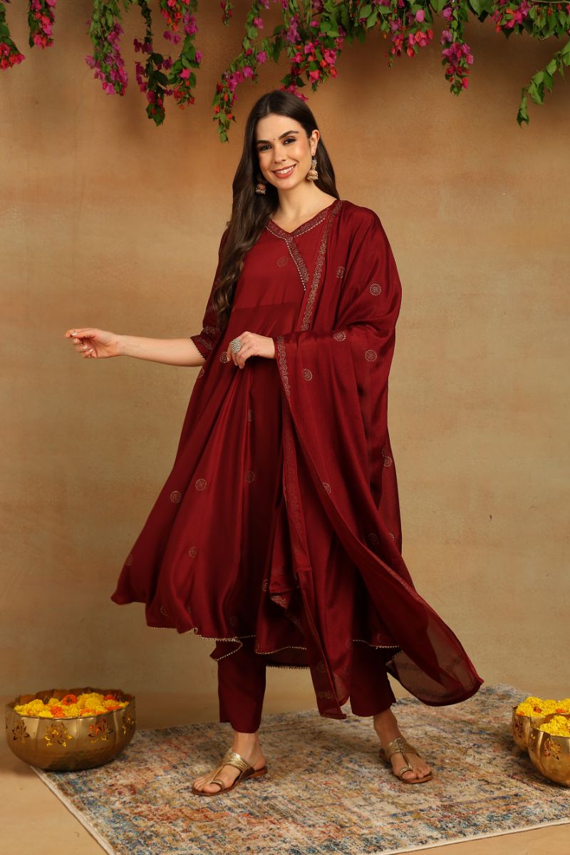 Maroon Silk Blend Anarkali Woven Design Kurta Pant With Dupatta   | SHOBITAM