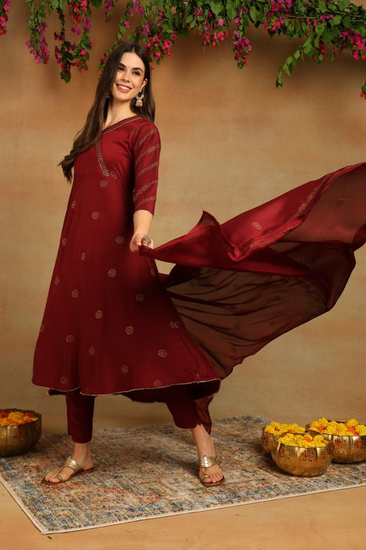 Maroon Silk Blend Anarkali Woven Design Kurta Pant With Dupatta   | SHOBITAM