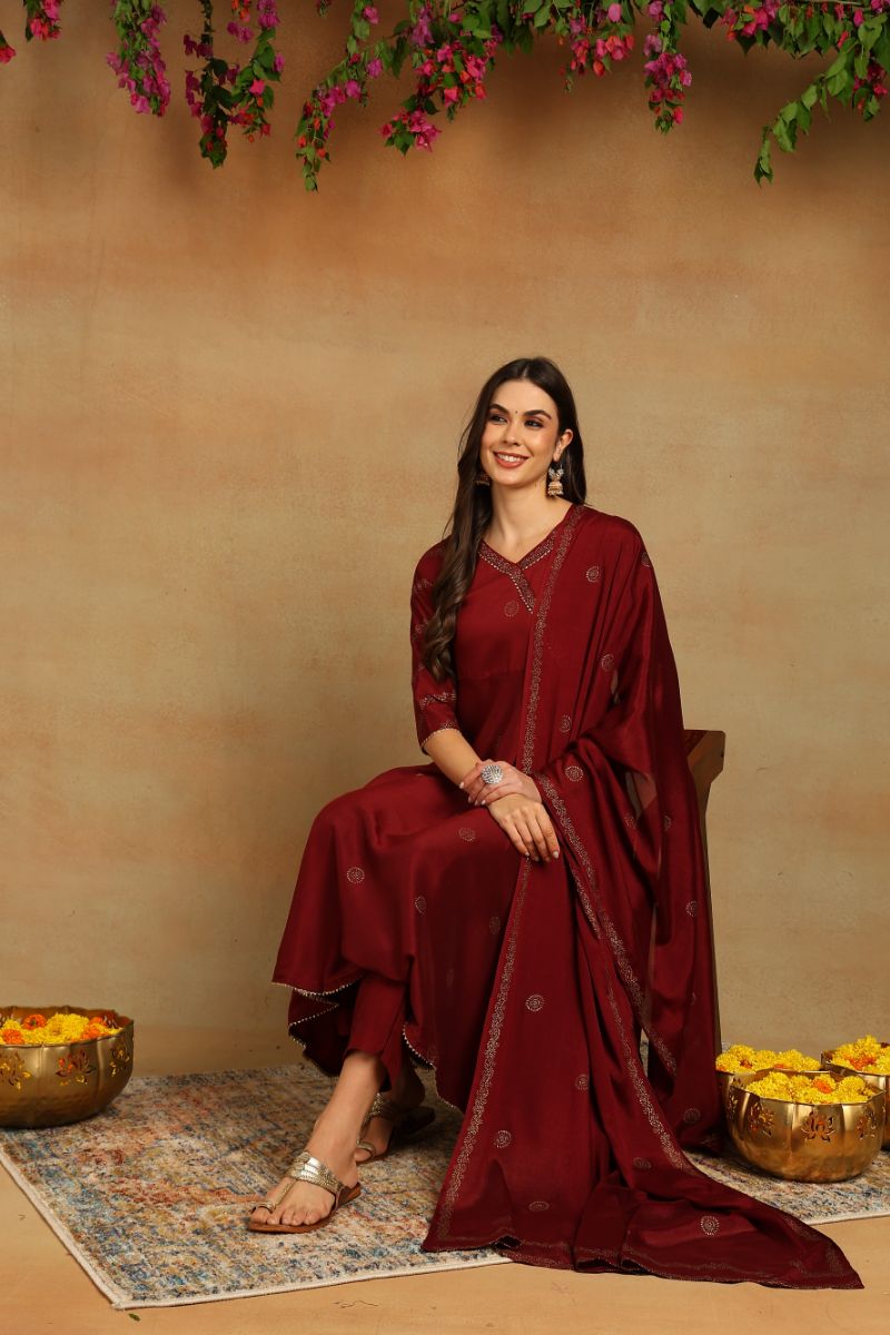 Maroon Silk Blend Anarkali Woven Design Kurta Pant With Dupatta   | SHOBITAM