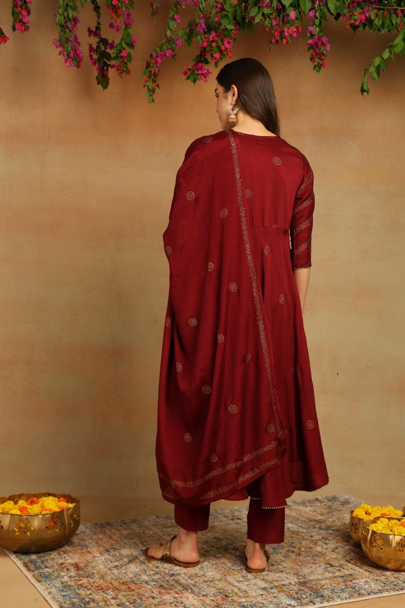 Maroon Silk Blend Anarkali Woven Design Kurta Pant With Dupatta   | SHOBITAM
