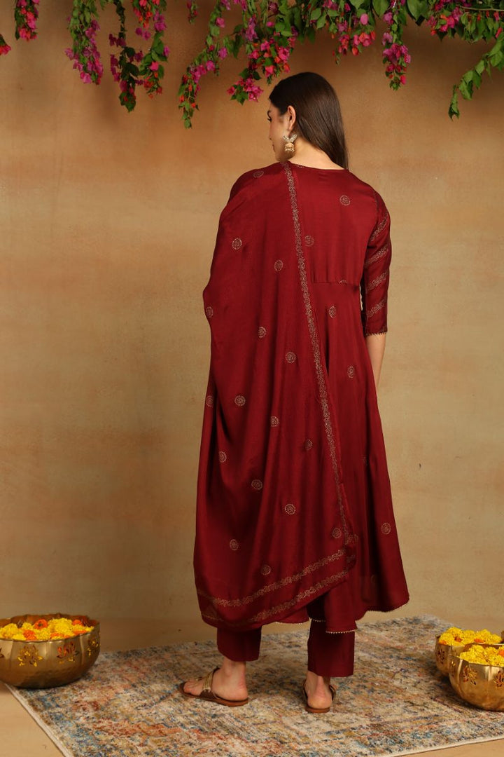 Maroon Silk Blend Anarkali Woven Design Kurta Pant With Dupatta   | SHOBITAM